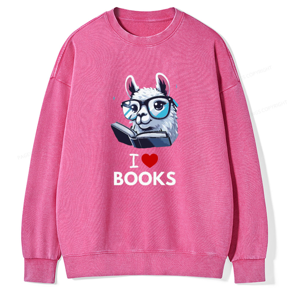 Pagewings  love Books Lama Reading Gift on Women’s Unisex Washed Sweatshirt