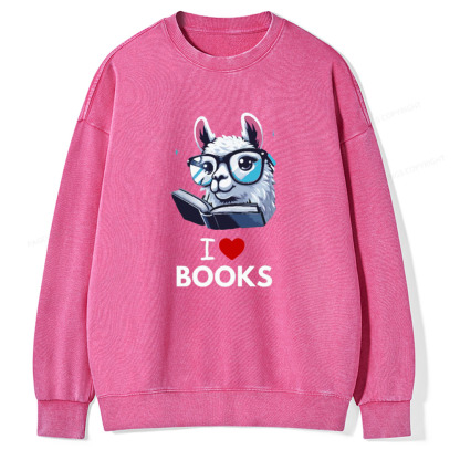Pagewings  love Books Lama Reading Gift on Women’s Unisex Washed Sweatshirt