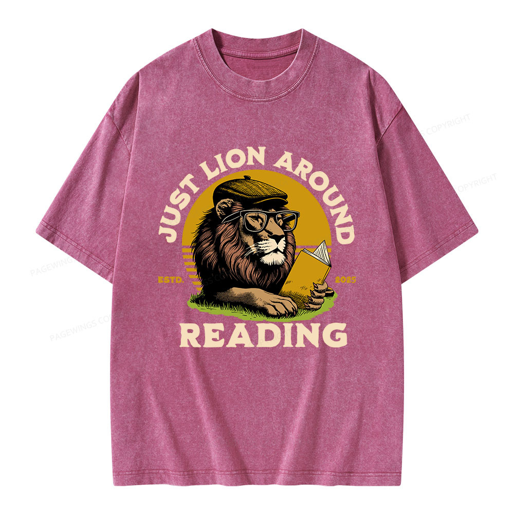Pagewings Just Lion Around Reading Unisex Washed T-shirt