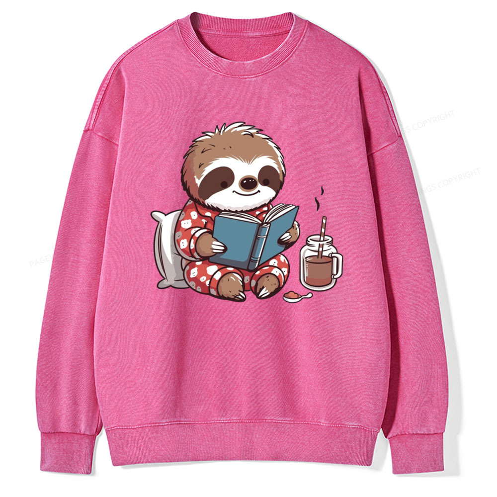 Pagewings Books Sloth Book lover Gift cute sloth on Unisex Washed Sweatshirt