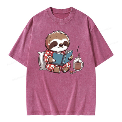 Pagewings Books Sloth Book lover Gift cute sloth on Unisex Washed T-shirt