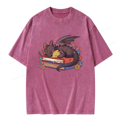 Pagewings Cute Book Dragon Unisex Washed T-shirt