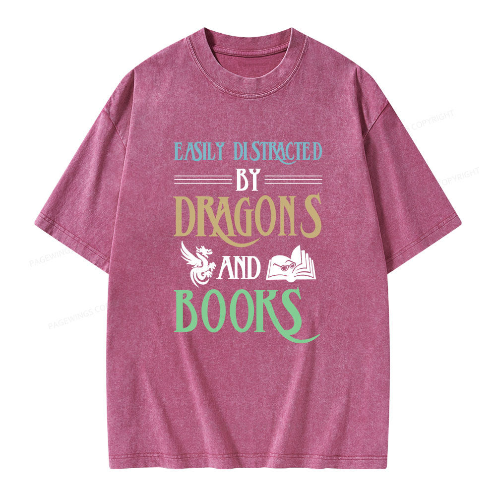 Pagewings Easily Distracted By Dragons And Books Unisex Washed T-shirt