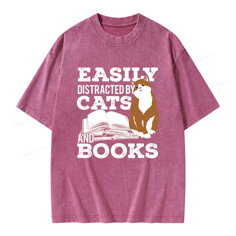 Pagewings Easily Distracted By Cats And Books All Year Unisex Washed T-shirt