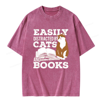 Pagewings Easily Distracted By Cats And Books All Year Unisex Washed T-shirt