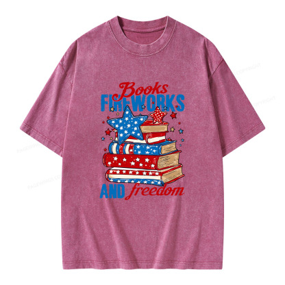 Pagewings Books Fireworks and Freedom Retro Unisex Washed T-shirt