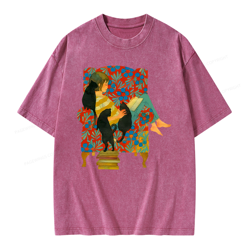 Pagewing A girl reading a book on the sofa Unisex Washed T-shirt