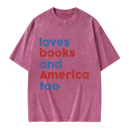 Pagewings Loves Books and America Too Unisex Washed T-shirt