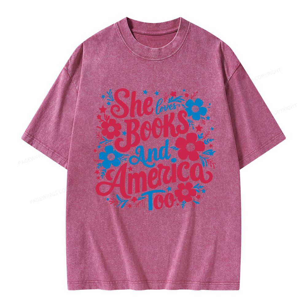 Pagewings She Loves Books And America Too Unisex Washed T-shirt