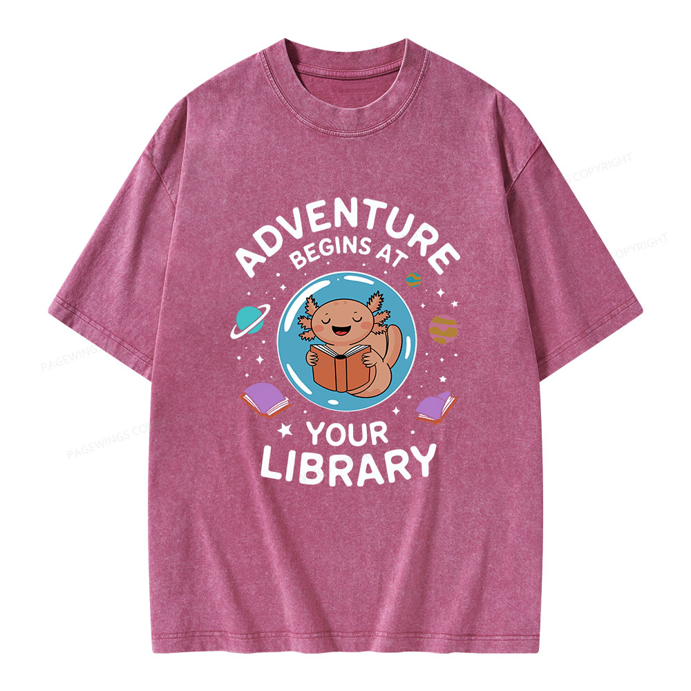 Pagewings Adventure Begins At Your Library Unisex Washed T-shirt