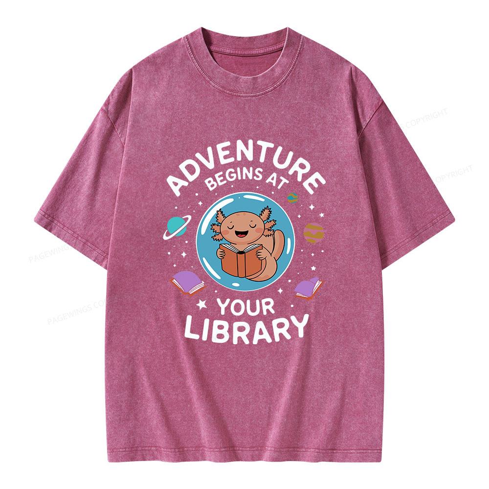 Pagewings Adventure Begins At Your Library Unisex Washed T-shirt
