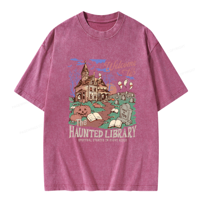 Pagewings Welcome To The Haunted Library Unisex Washed T-shirt