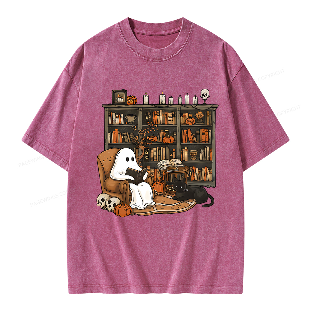 Pagewings Halloween Ghost Reading Books Unisex Washed T-shirt