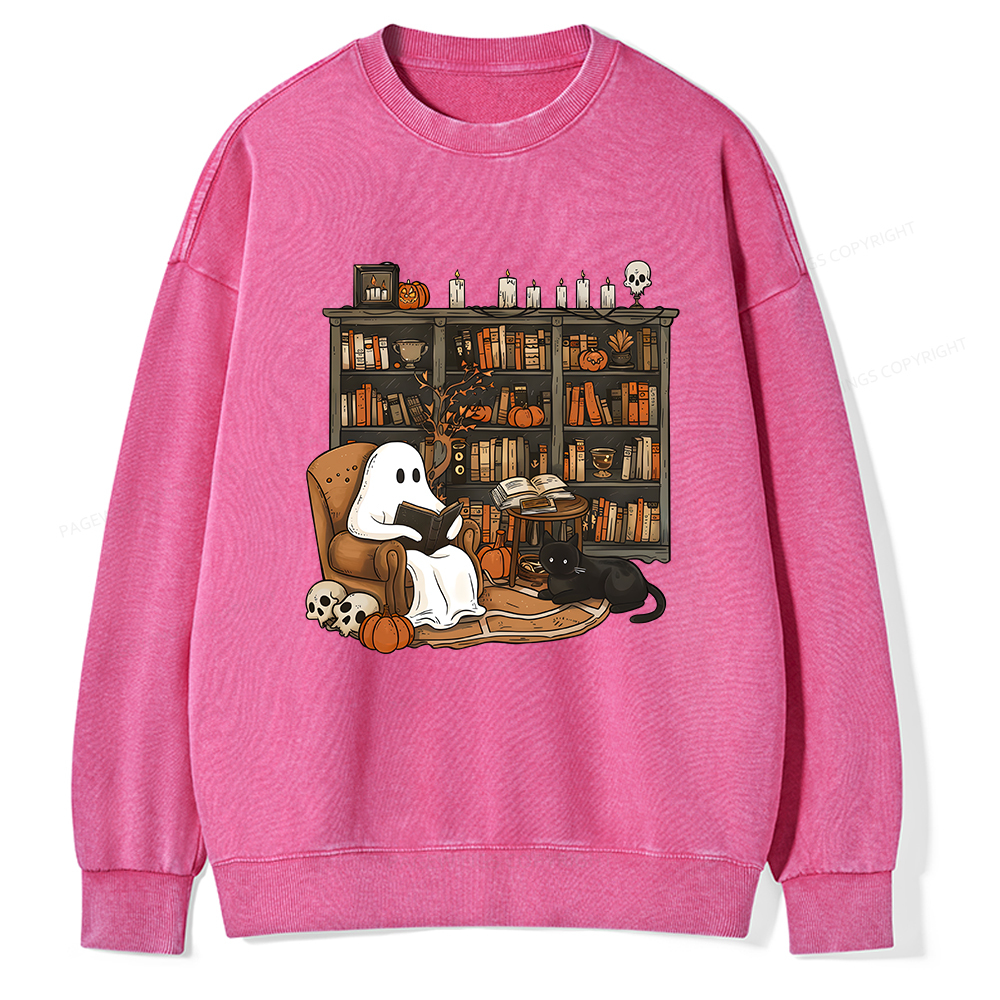 Pagewings Halloween Ghost Reading Books Unisex Washed Sweatshirt