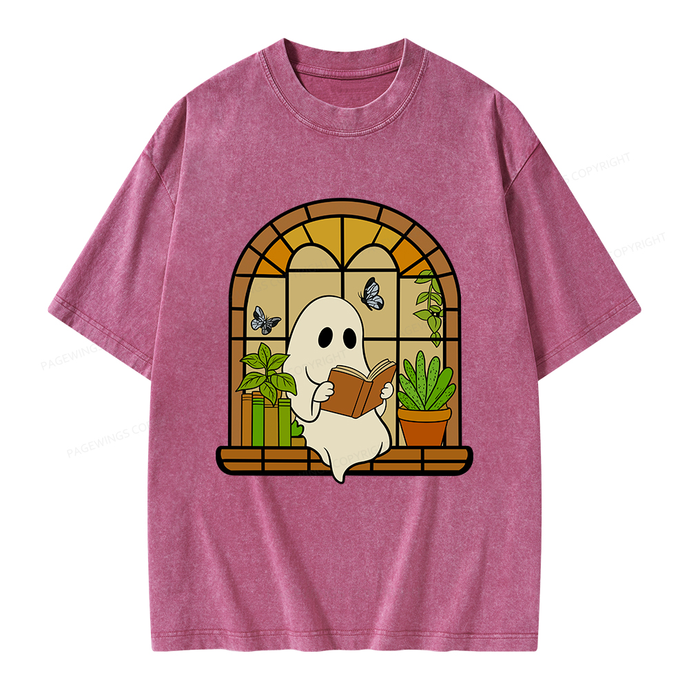 Pagewings Ghost Reading Book Halloween Unisex Washed T-shirt