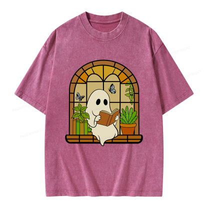 Pagewings Ghost Reading Book Halloween Unisex Washed T-shirt