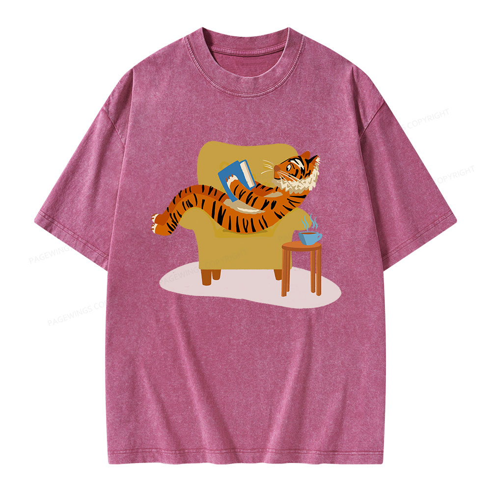 Pagewings Tiger Reading Unisex Washed T-shirt