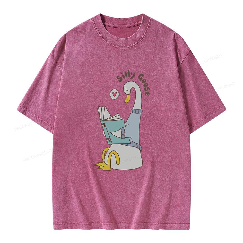 Pagewings Cute Silly Goose Reading Book Unisex Washed T-shirt