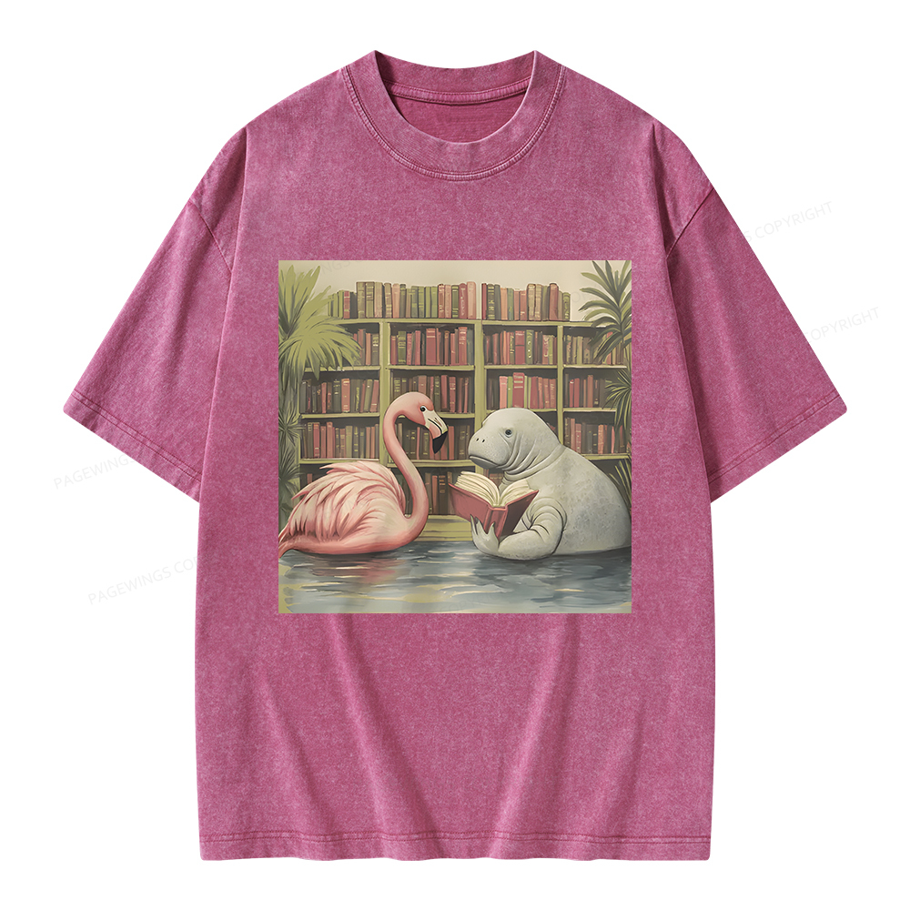 Pagewings Flamingo & Manatee Reading Book Unisex Washed T-shirt