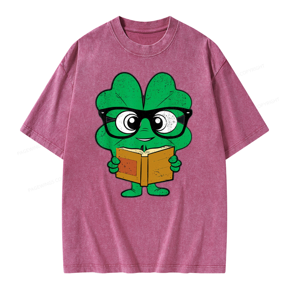 Pagewing Shamrock Reading Books St Patricks Day Unisex Washed T-shirt