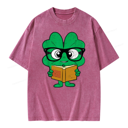 Pagewing Shamrock Reading Books St Patricks Day Unisex Washed T-shirt