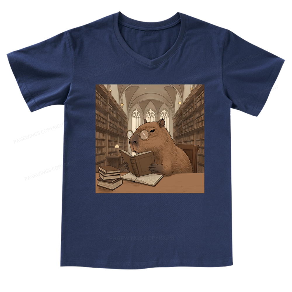 Pagewings The Reader Capybara V-neck T-shirt