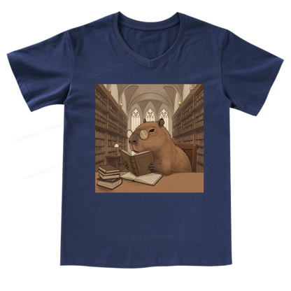 Pagewings The Reader Capybara V-neck T-shirt
