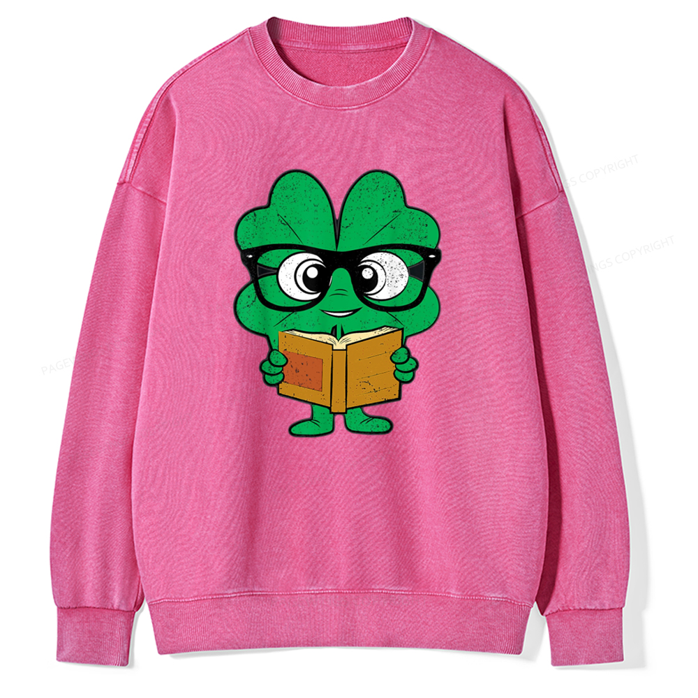 Pagewing Shamrock Reading Books St Patricks Day Unisex Washed Sweatshirt