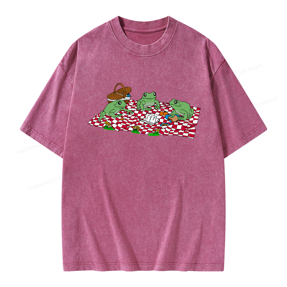 Pagewings Frog Picnic Book Summer Unisex Washed T-shirt