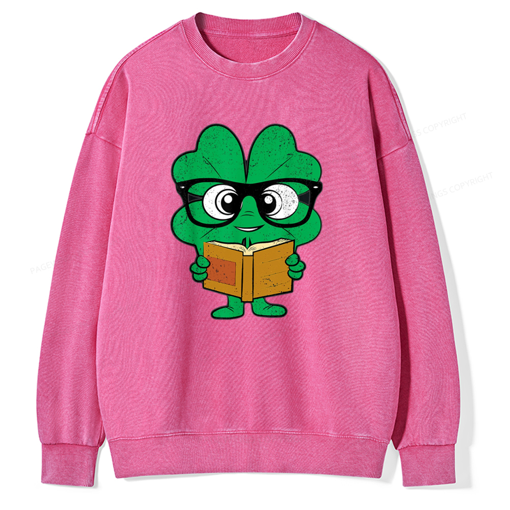 Pagewing Shamrock Reading Books St Patricks Day Unisex Washed Sweatshirt