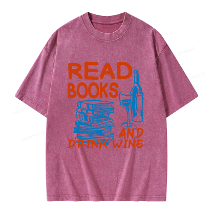 Pagewings Read Book And Drink Wine Unisex Washed T-shirt
