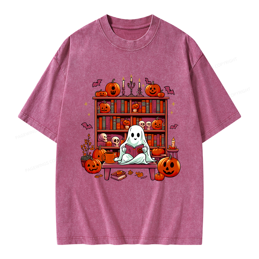 Pagewings Ghost Book Reader  Unisex Washed T-shirt