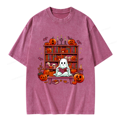 Pagewings Ghost Book Reader  Unisex Washed T-shirt