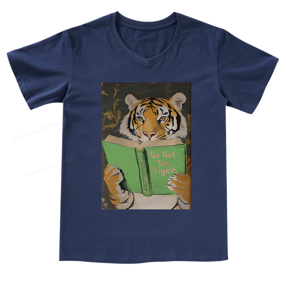 Pagewings Motivational Tiger Reading V-neck T-shirt