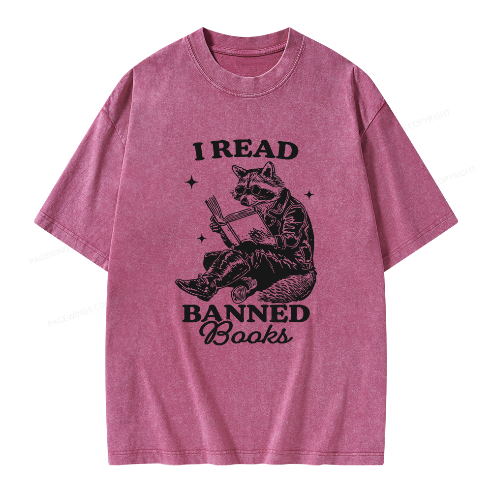 Pagewings I Read Banned Books Raccoon Reading Unisex Washed T-shirt