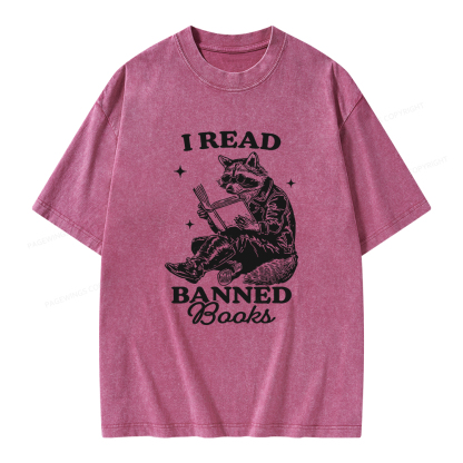 Pagewings I Read Banned Books Raccoon Reading Unisex Washed T-shirt