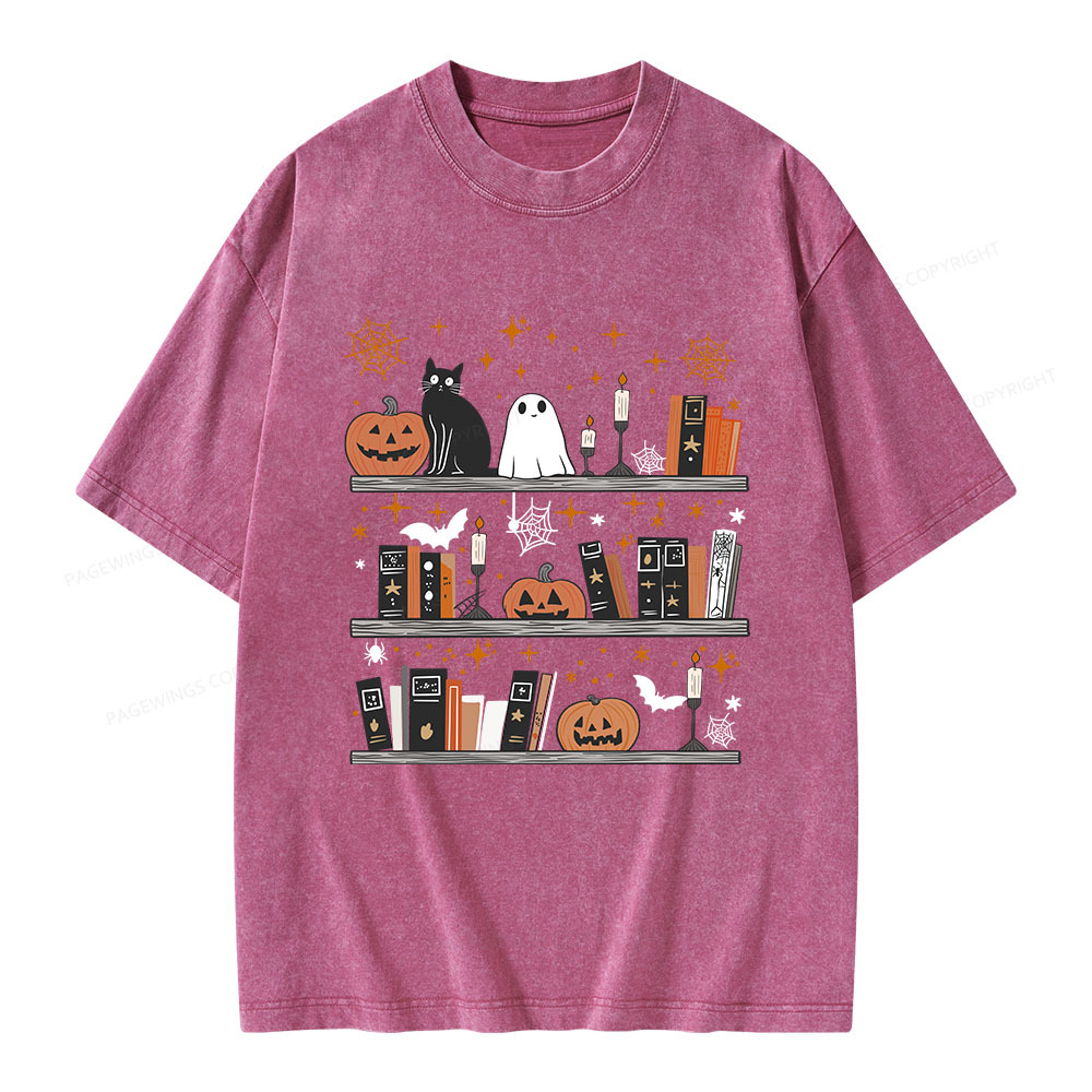 Pagewings Halloween Book Shelf Summerween Unisex Washed T-shirt