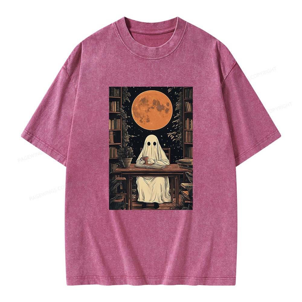 Pagewings Halloween Ghost Books Coffee  Unisex Washed T-shirt