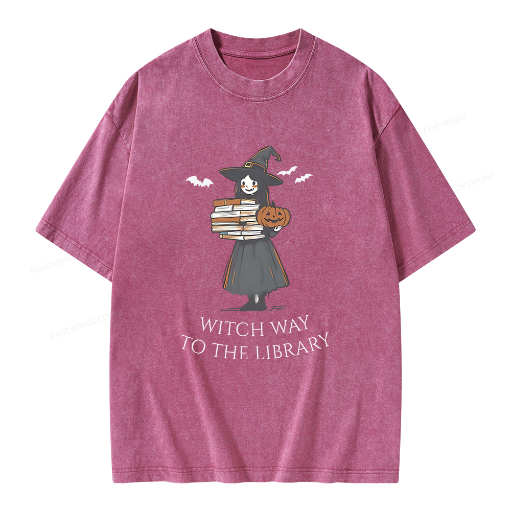 Pagewings Witch Way To The Library Halloween Unisex Washed T-shirt