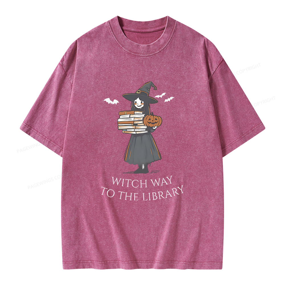 Pagewings Witch Way To The Library Halloween Unisex Washed T-shirt