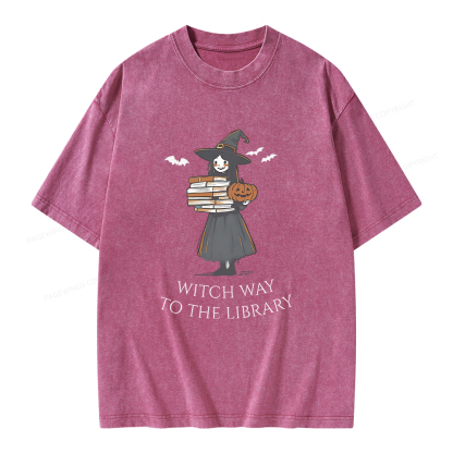 Pagewings Witch Way To The Library Halloween Unisex Washed T-shirt