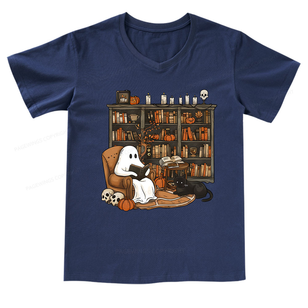 Pagewings Halloween Ghost Reading Books V-neck T-shirt