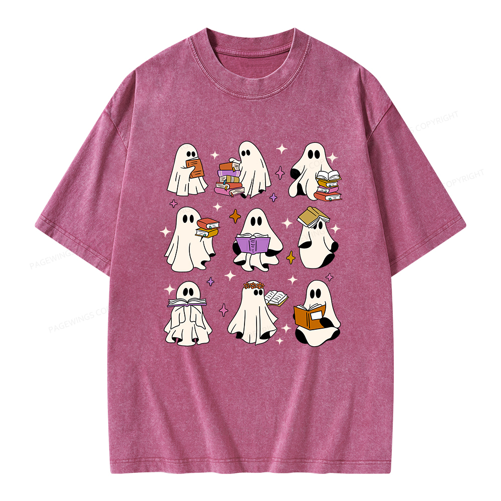 Pagewings Ghost Reading Books Unisex Washed T-shirt