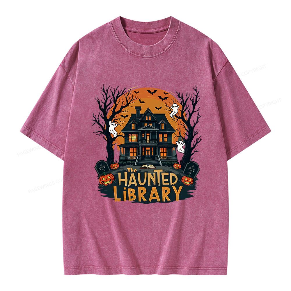Pagewings Haunted Library Halloween Unisex Washed T-shirt
