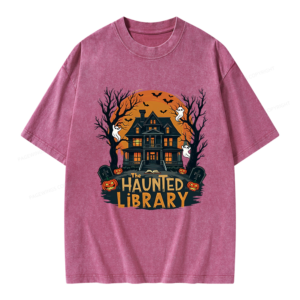 Pagewings Haunted Library Halloween Unisex Washed T-shirt