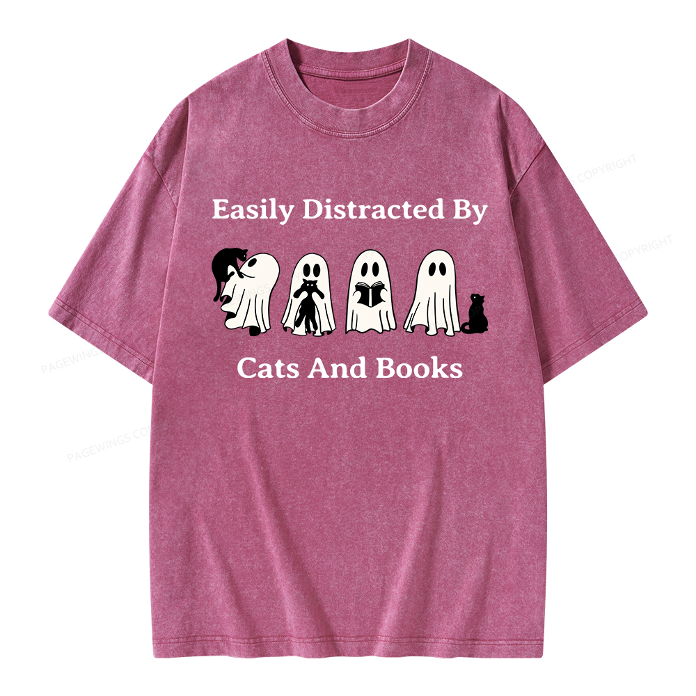 Pagewings Easily Distracted By Cats And Books Unisex Washed T-shirt