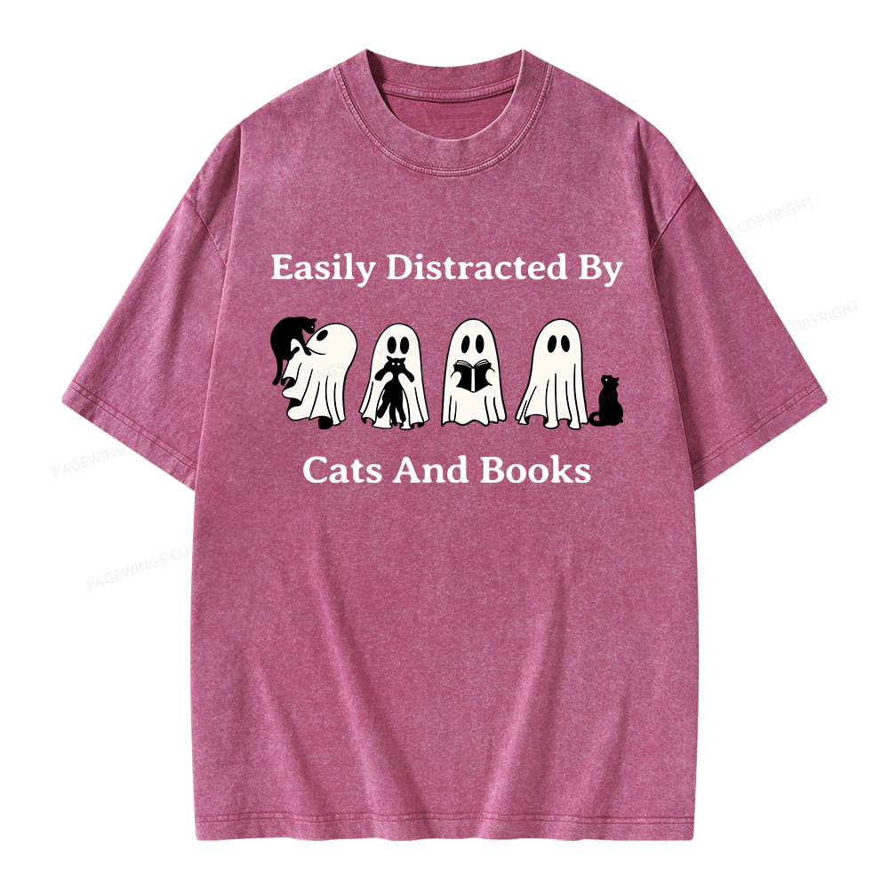 Pagewings Easily Distracted By Cats And Books Unisex Washed T-shirt