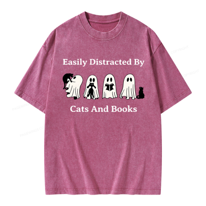 Pagewings Easily Distracted By Cats And Books Unisex Washed T-shirt