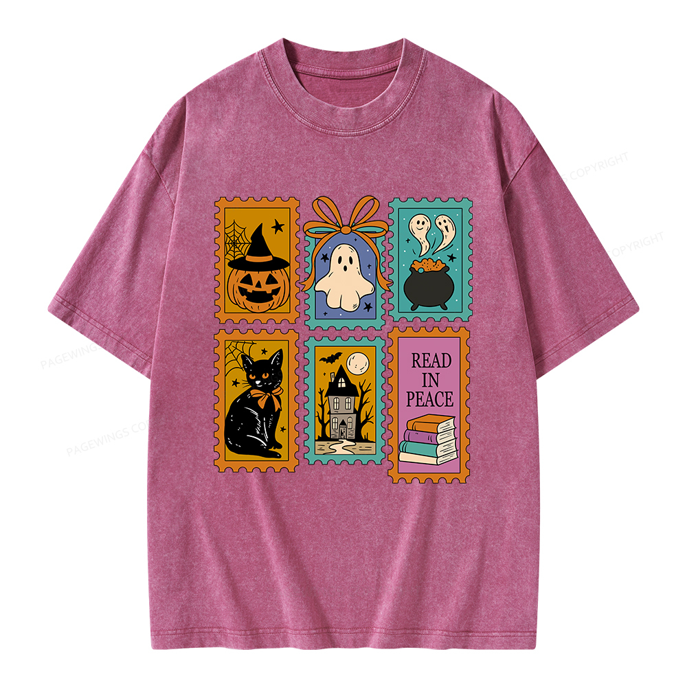 Pagewings Halloween Cute Ghost Pumpkin Cat Unisex Washed T-shirt