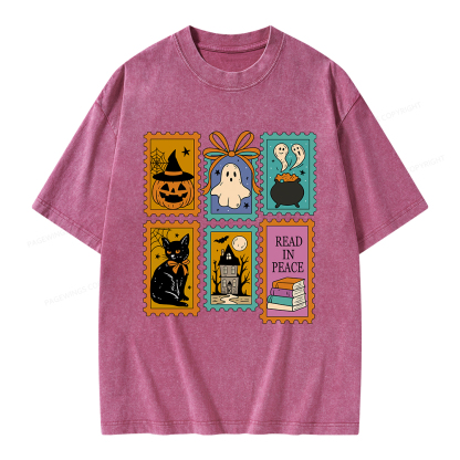 Pagewings Halloween Cute Ghost Pumpkin Cat Unisex Washed T-shirt